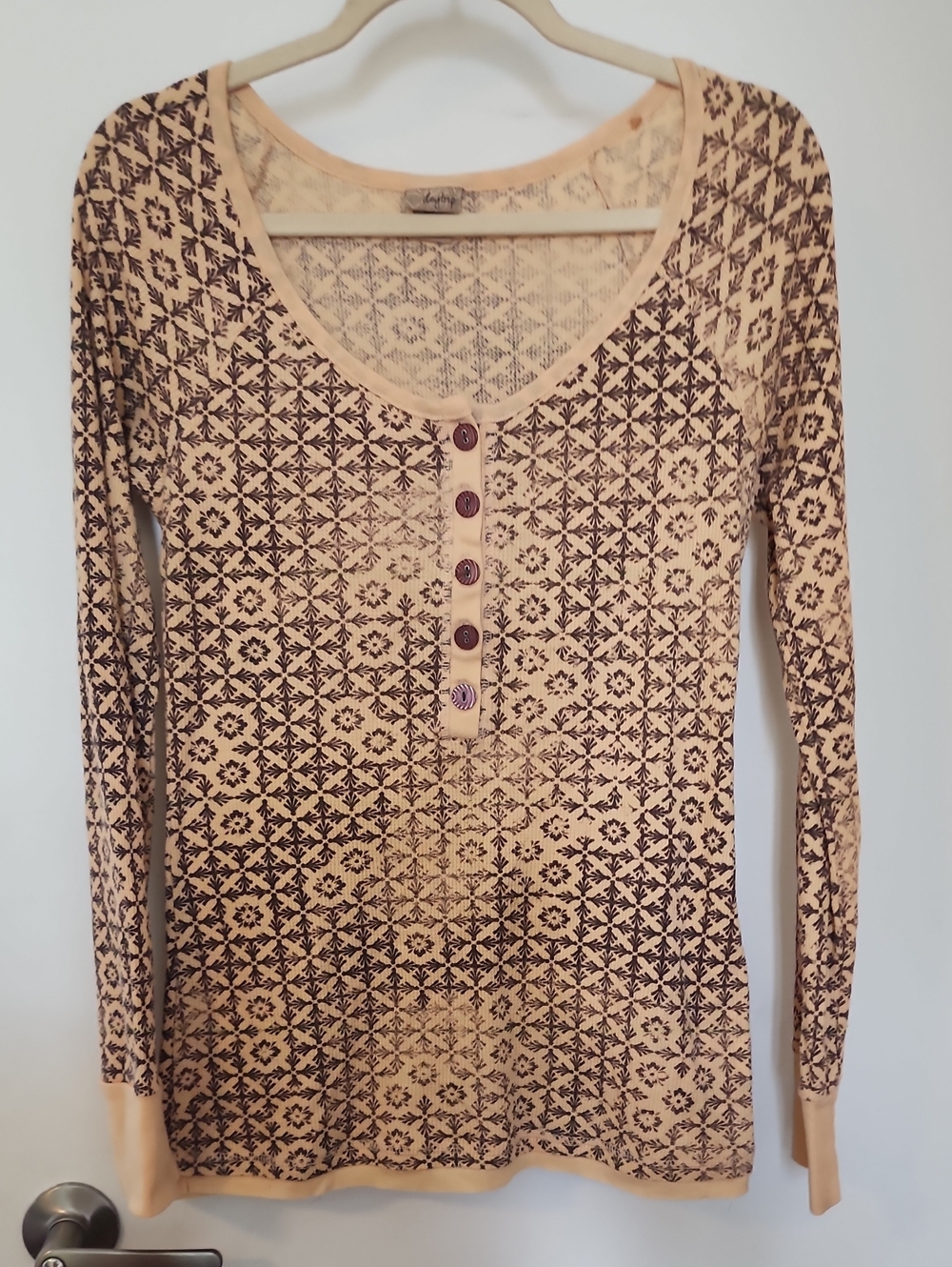 Long Sleeve Henley Top in Beige and Brown - Cozy Patterned Women's Tee